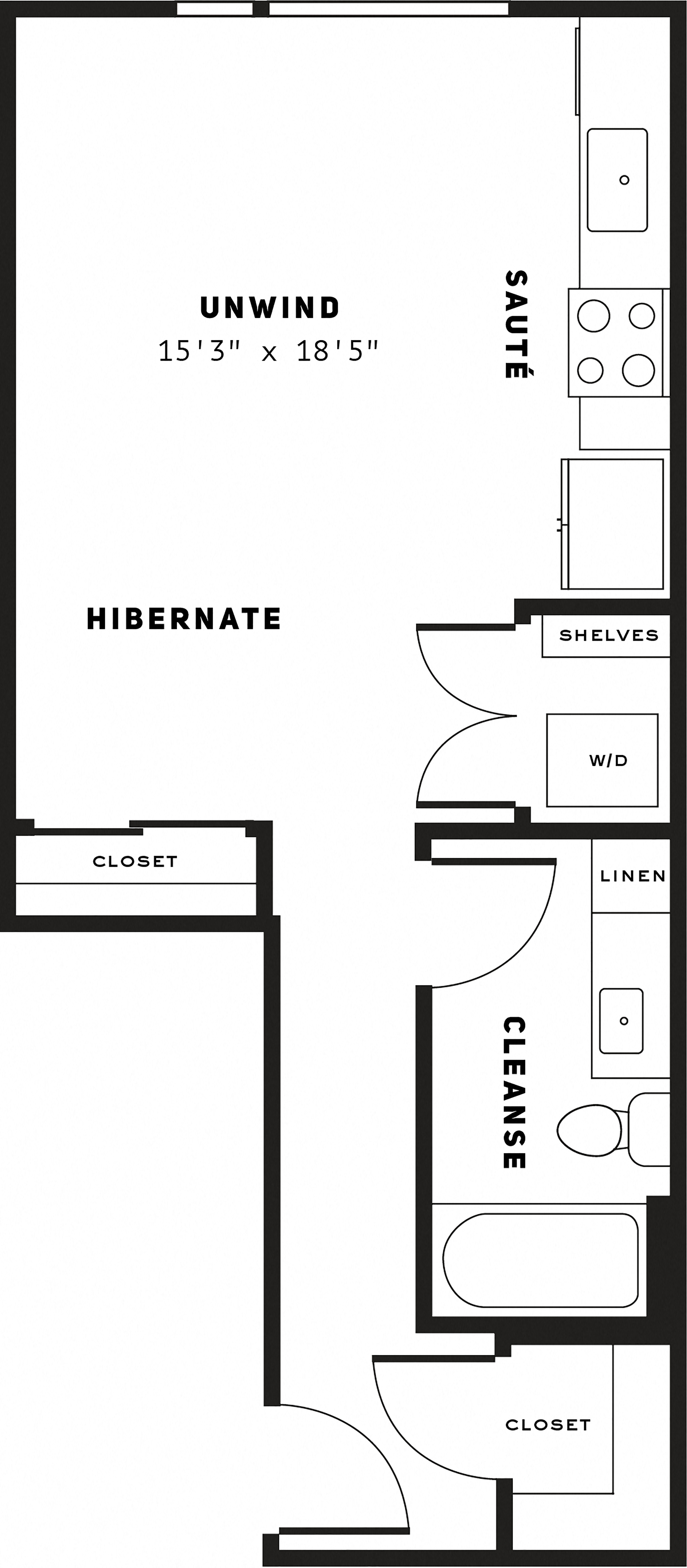 Floor plan for studio, 1 bath, 493 sqft